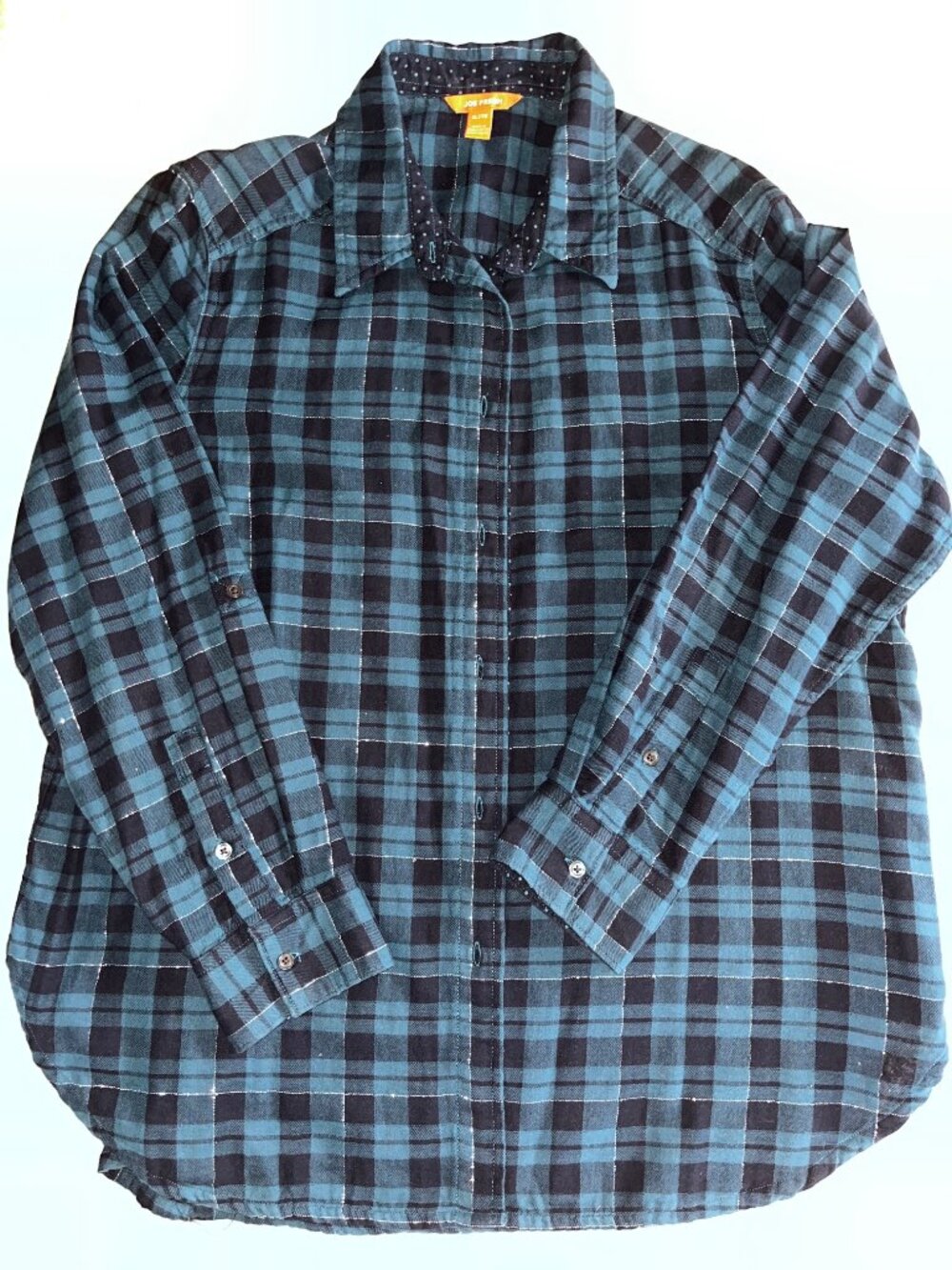Joe Fresh Plaid Flannel Button Down Shirt Teal Black Metallic Size XL